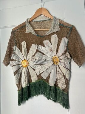 Handmade Boho Lace Daisy Appliqué Fringe Top